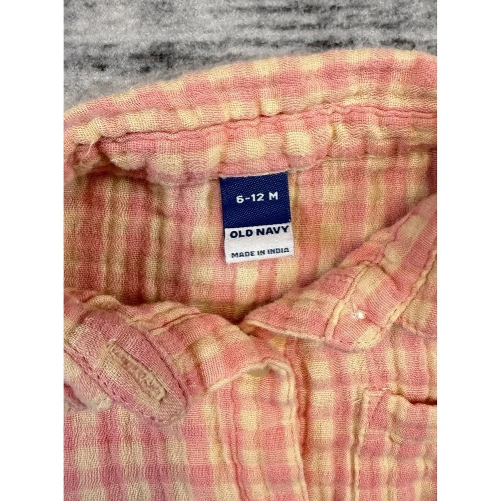 Old Navy Baby Unisex Check Gauze 100% Cotton‎ Button Shirt Sz 6-12 Months Preppy